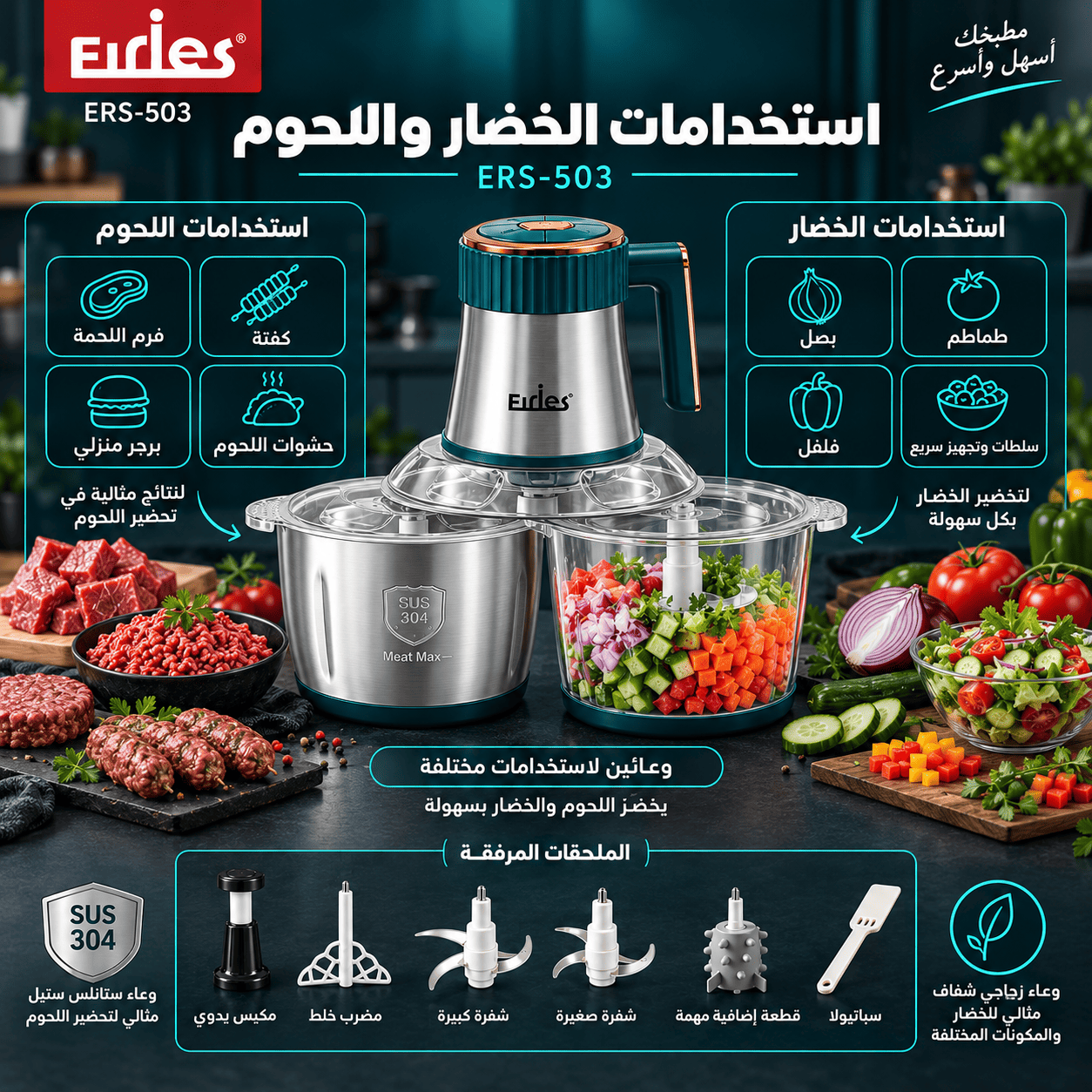 استخدامات كبة ERS-503 للحوم والخضار والفرم والطحن